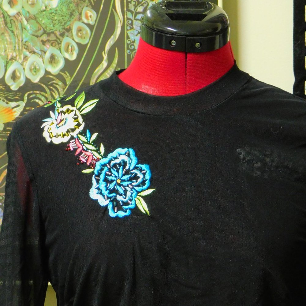 Cache Double Mesh Sheer Black Top W/ Embroidery - image 2